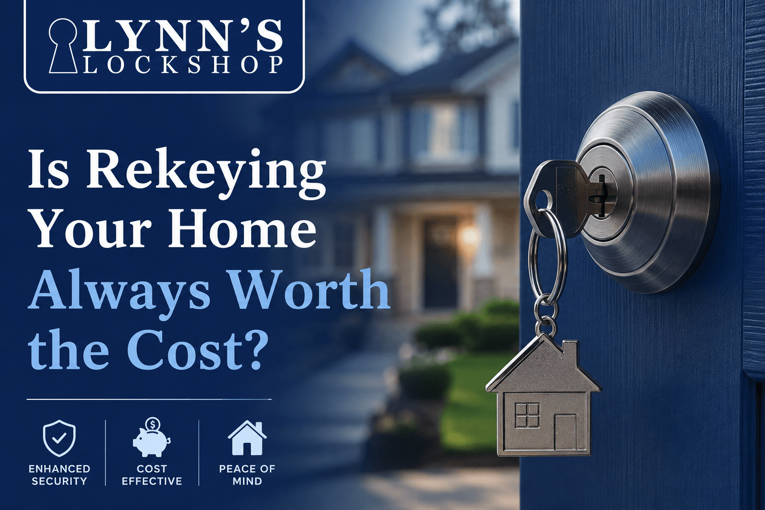 Lynn’s Locksmith ad: blue front door with key and house keychain, asking if rekeying your home is worth the cost.