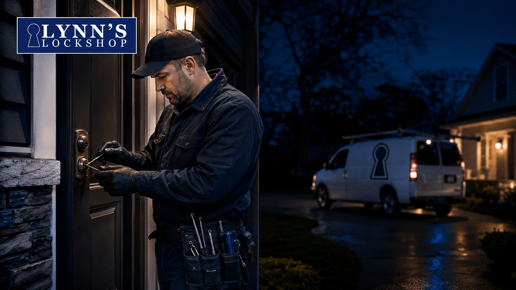 Technician unlocking a front door at night, with a service van parked in the background