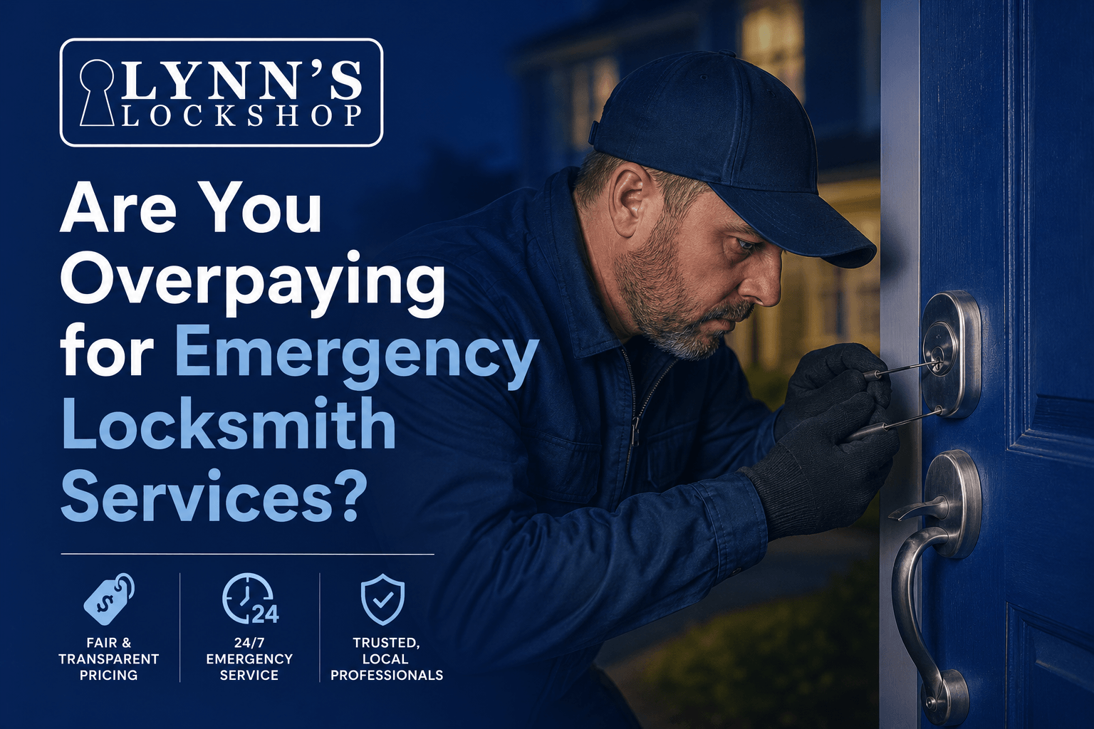 Locksmith opening a blue door with text: “Are You Overpaying for Emergency Locksmith Services?”