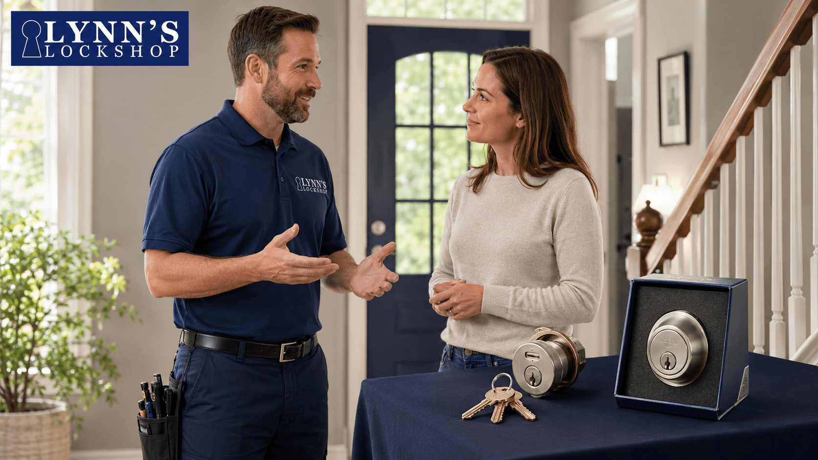 Lynn's locksmith rep talks with a woman beside lock hardware displays in a bright home foyer