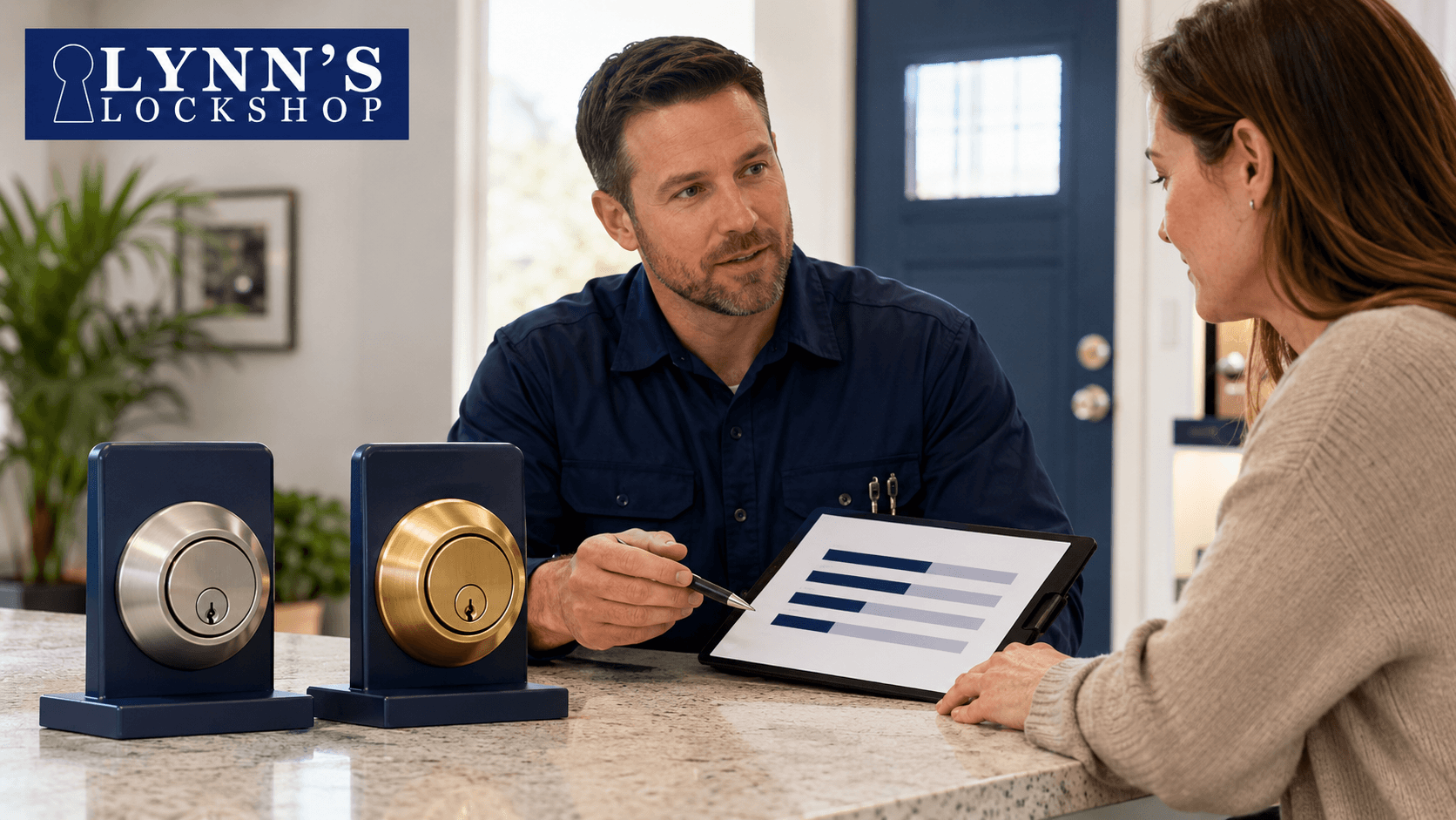 Salesman showing cabinet lock samples and chart to a customer in a showroom