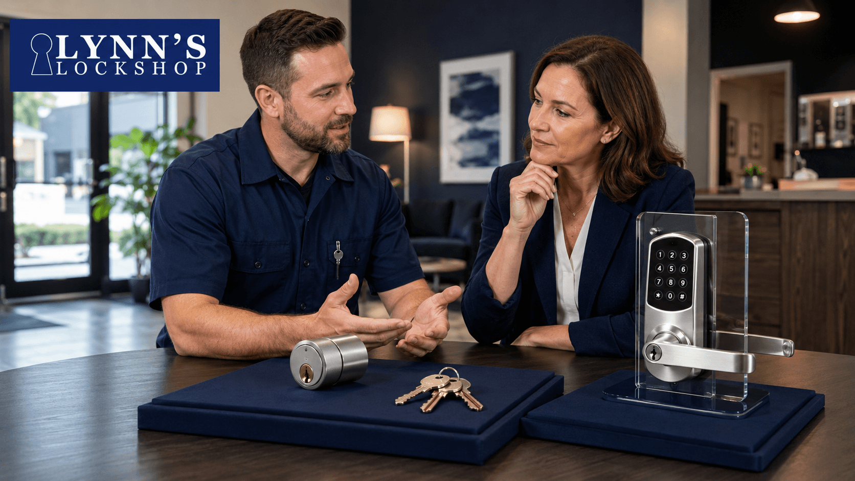 Two people discuss silver firearms and keys on blue mats in a showroom with a Lynx logo sign.