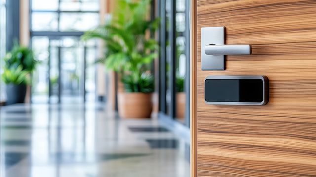 Wooden door with a modern silver handle and access card reader, with a blurred hallway background.