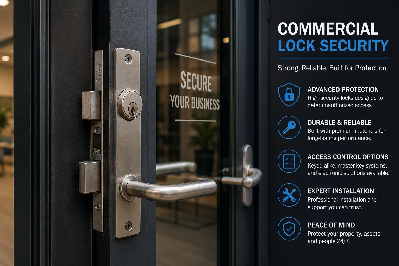 Commercial office glass door with metal lock and handle, security sign beside it.