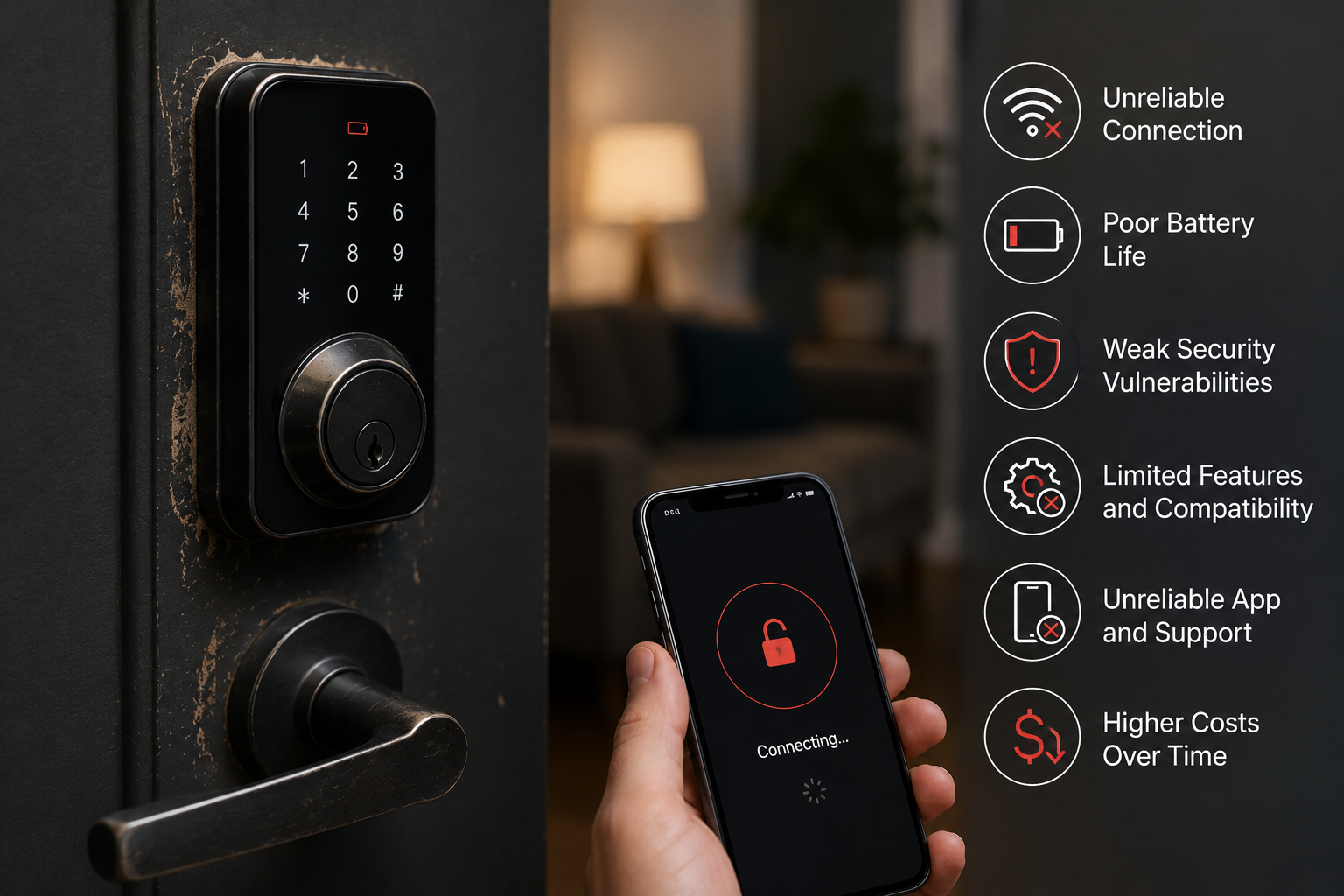 Smart door lock with keypad and phone app control, showing wireless access and security features.