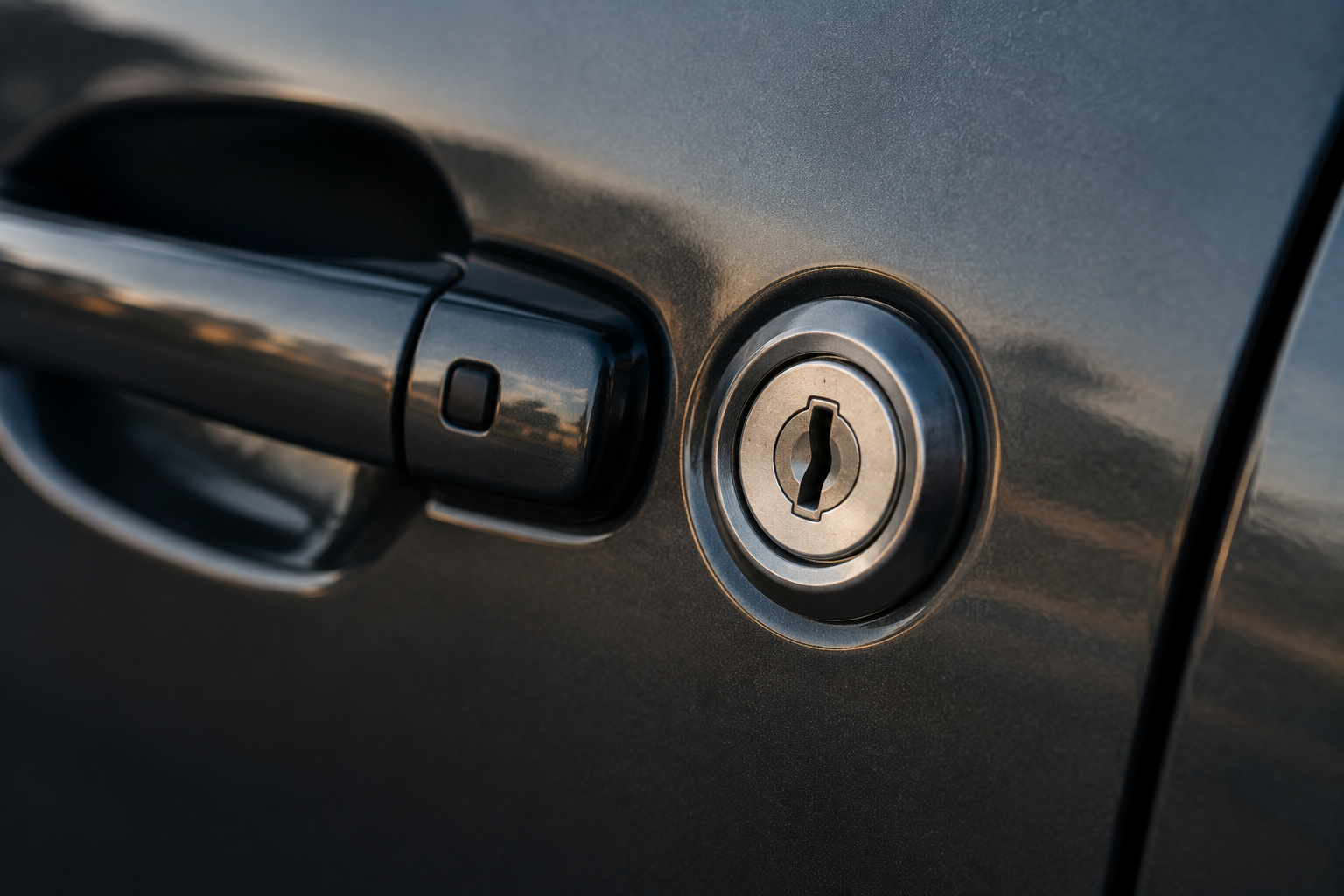 Close-up of a car door handle and keyhole on a dark gray vehicle.