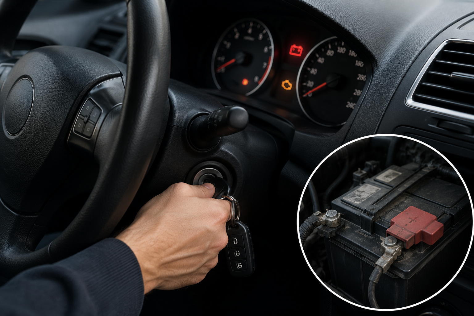 Hand inserting car key in ignition; inset shows a car battery with red terminal cover