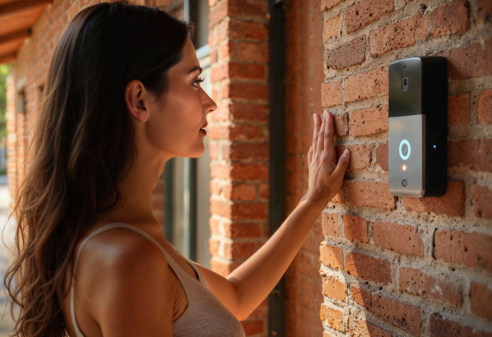 Woman using biometric access control device on brick wall.