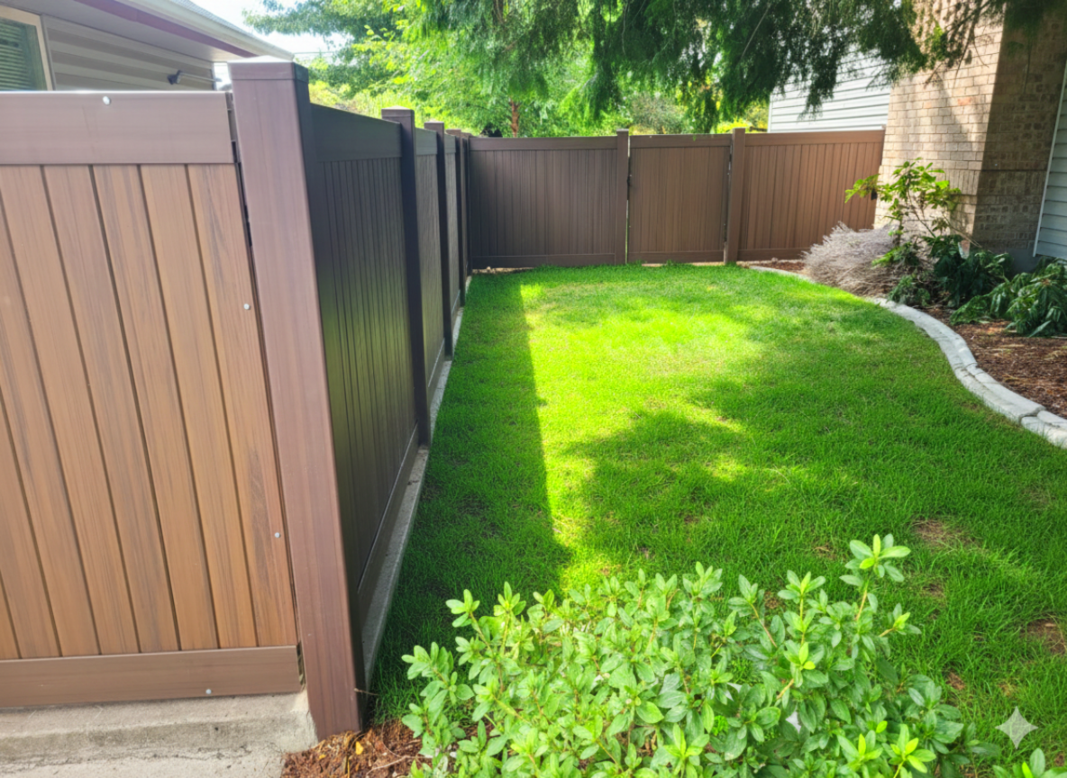 Brown wooden fence surrounding a grassy yard with small bushes.