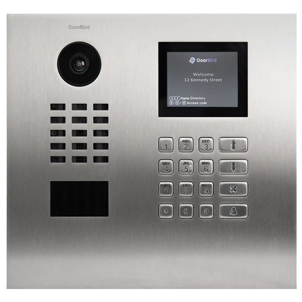 A stainless steel doorbell with a screen and buttons.