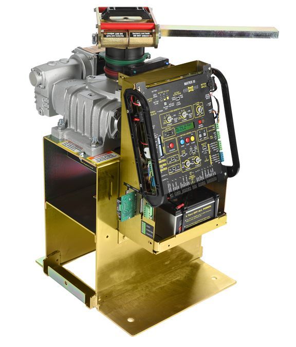 A machine is sitting on top of a brass stand on a white background.