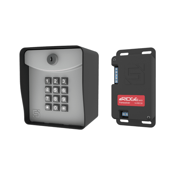 A keypad and a remote control on a white background