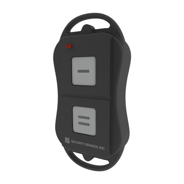 A black remote control with two buttons on it