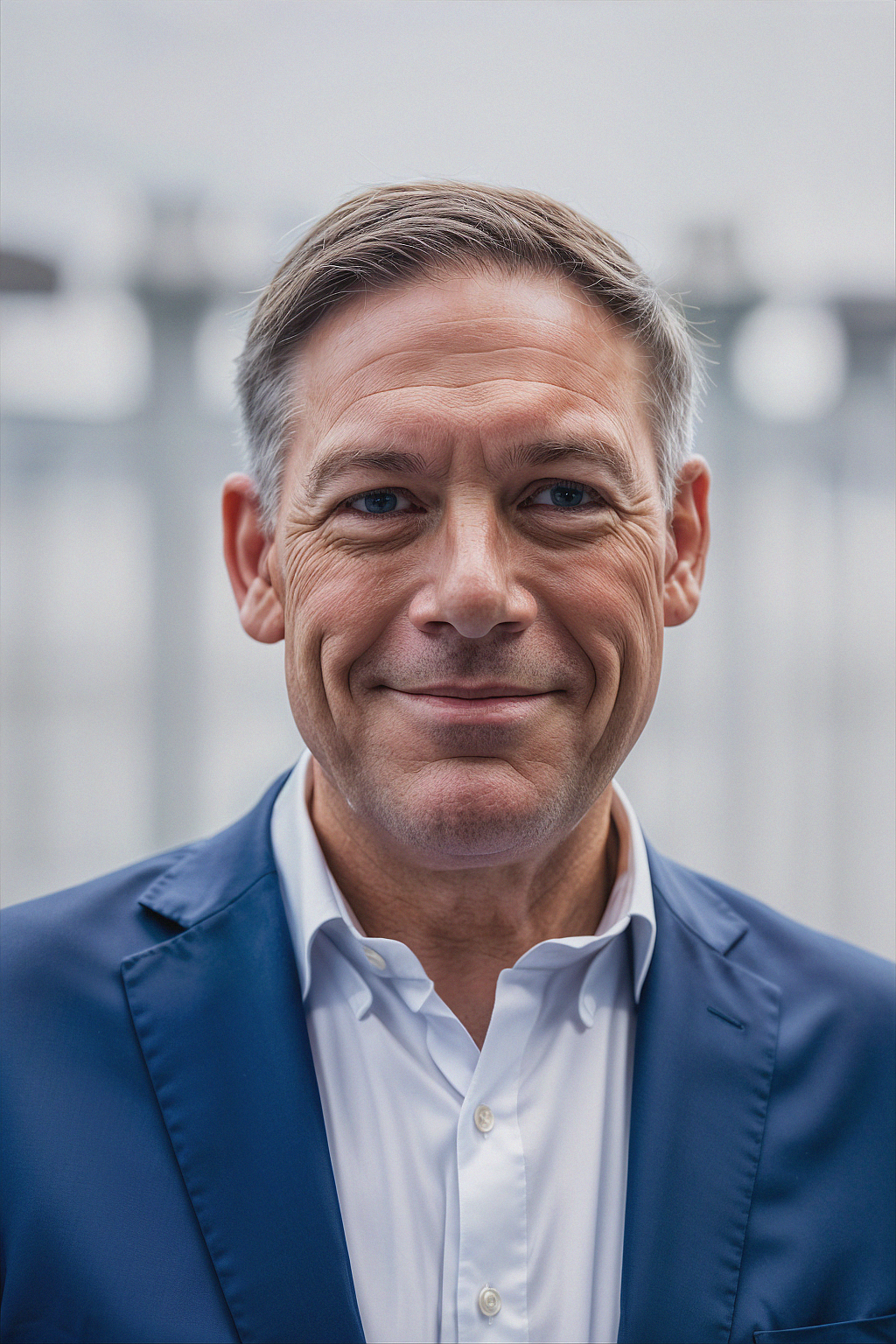 Man in blue blazer and white shirt smiles, outdoors.