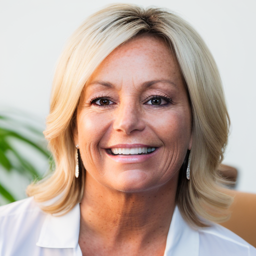 Woman with blonde hair, smiling at camera, wearing earrings, white shirt; indoor setting.