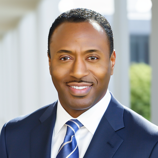 Man in a blue suit, smiling. Outside, white pillars in background.