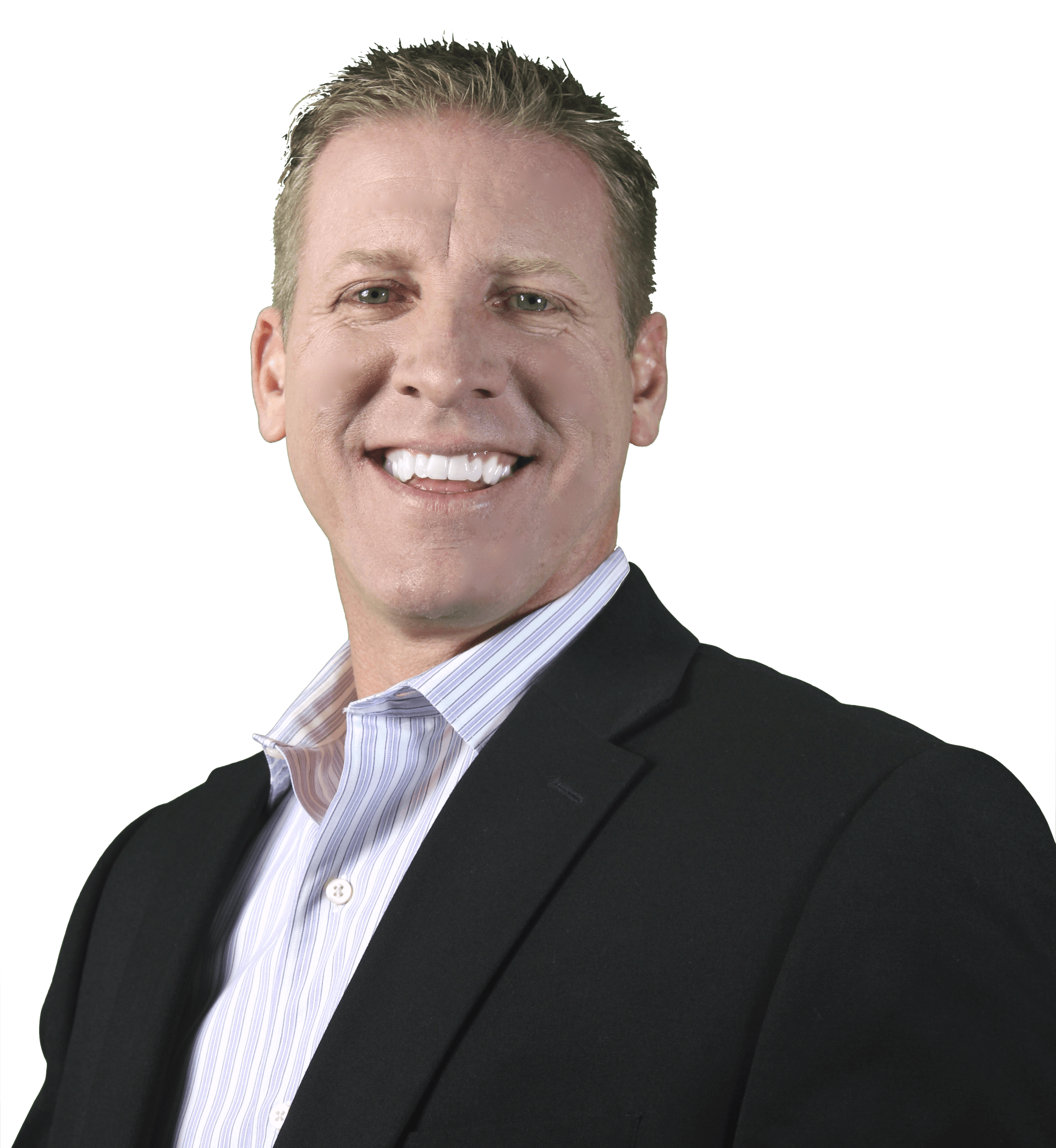 Man in a black suit smiling, wearing a light blue and white striped shirt.