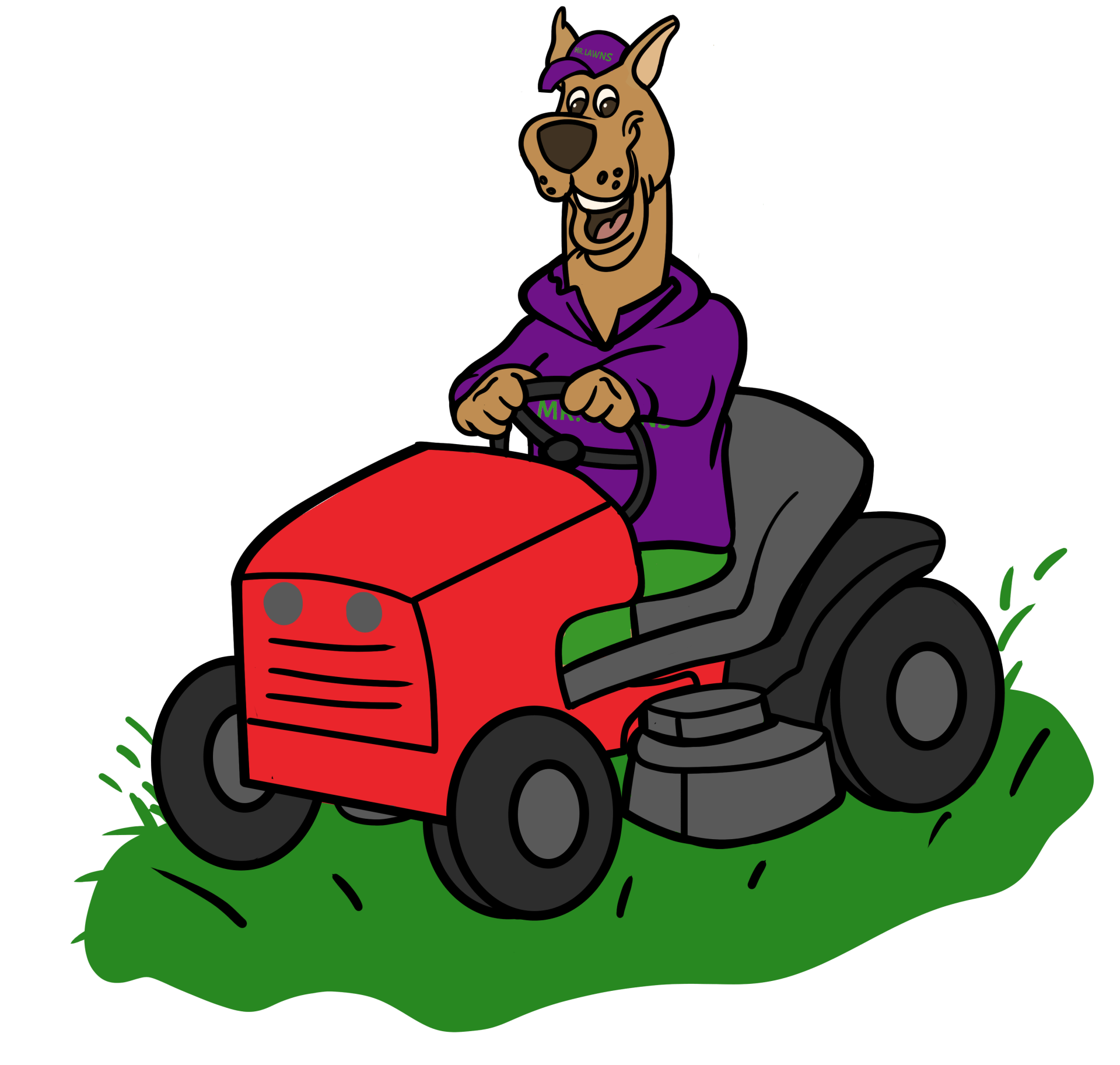 Scooby-Doo in a purple hoodie and hat driving a red lawn mower on green grass.