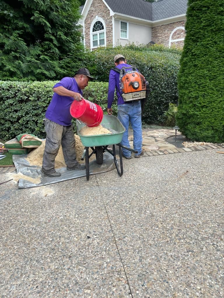 Two workers in purple shirts filling a wheelbarrow with sand on a paved patio near a house.