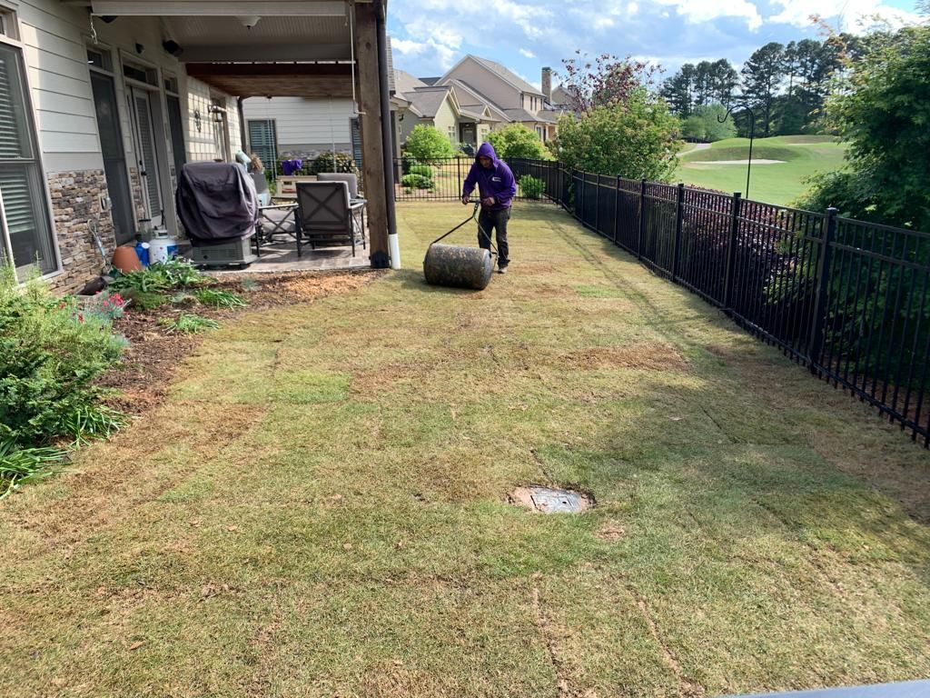 Person rolling a lawn roller on patchy grass next to a house and a black fence.