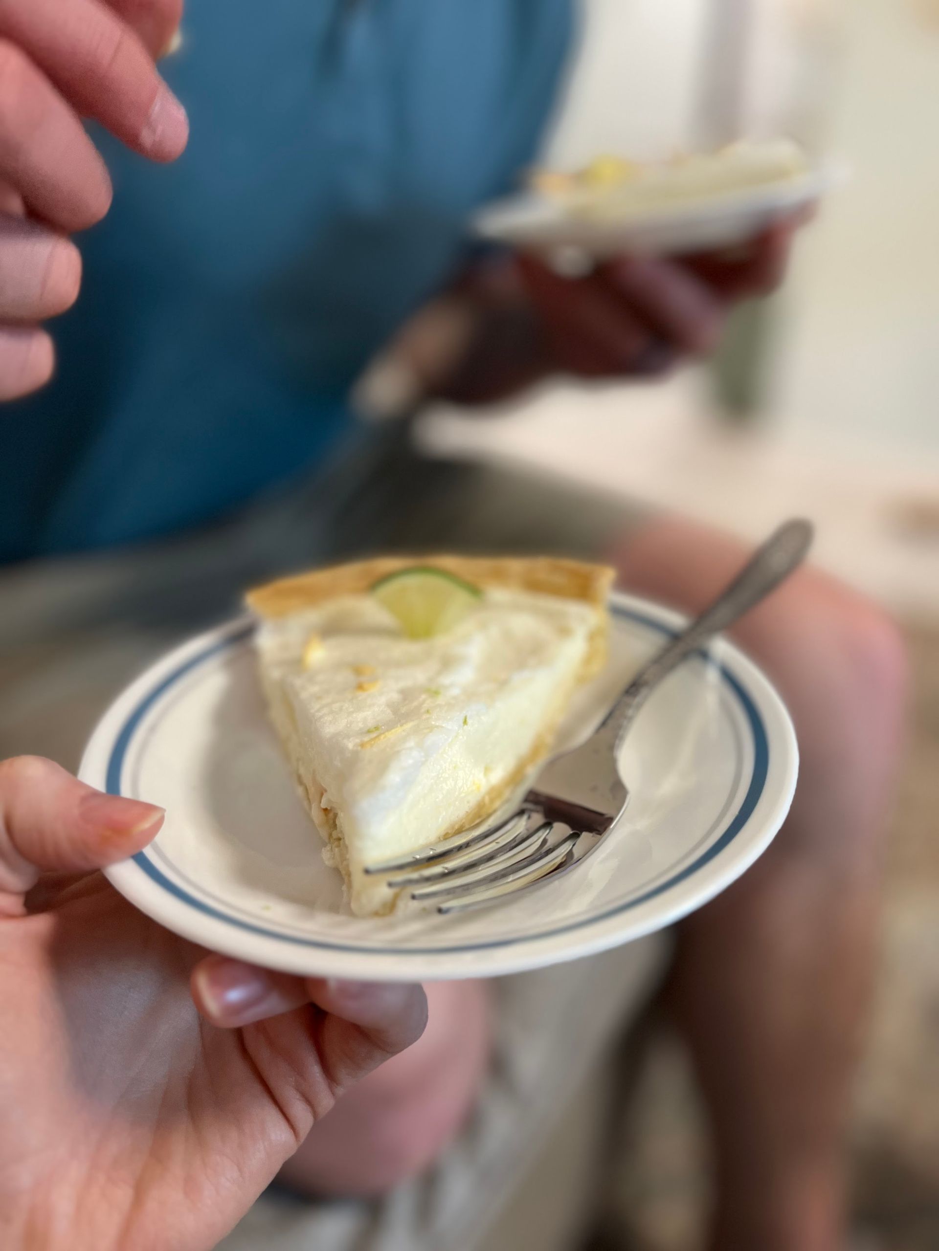 Hand holding a plate with a slice of layered cake and a fork, another dessert blurred in the background.