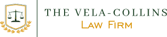 The Vela-Collins Law Firm logo with gold scales and green-gold text on a white background