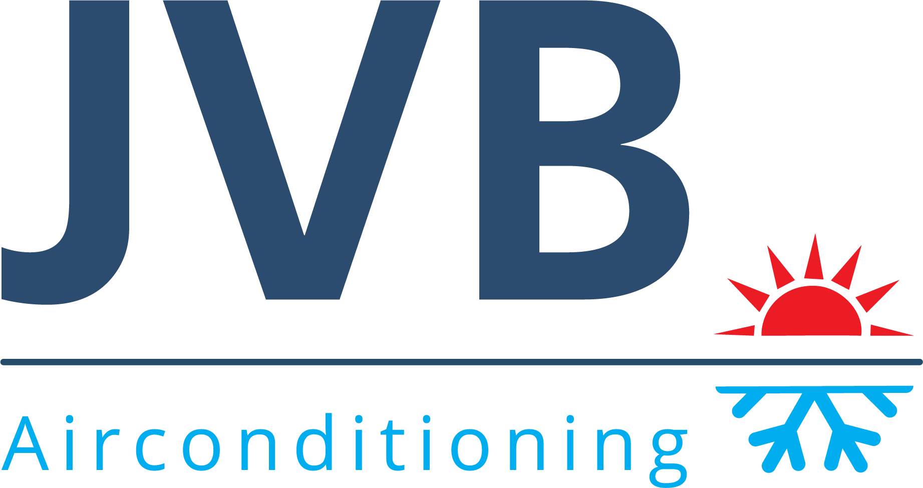 Logo van JVB Airconditioning: Donkerblauwe letters, zon/sneeuwvlok-afbeelding, blauw en rood.
