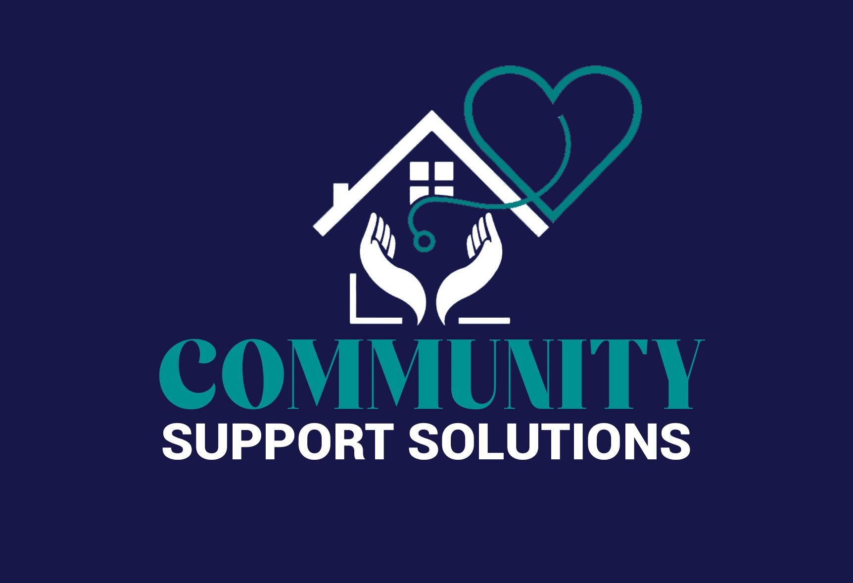 A logo for community support solutions with a house and a heart