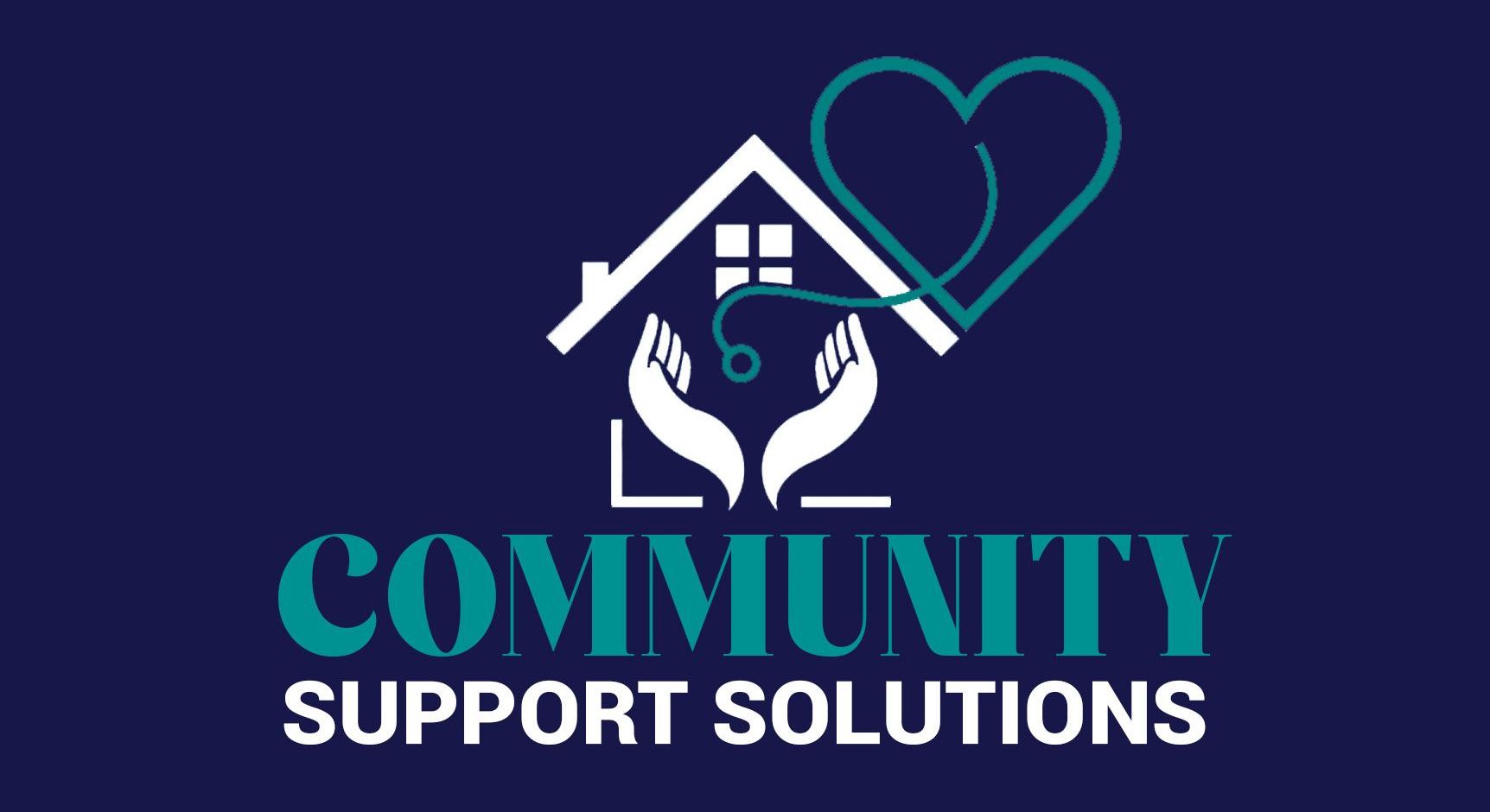 A logo for community support solutions with a house and a heart.