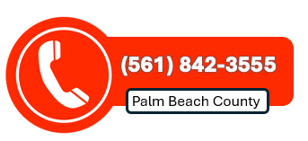 Orange phone icon with white handset and phone number (561) 842-3555 for Palm Beach County.