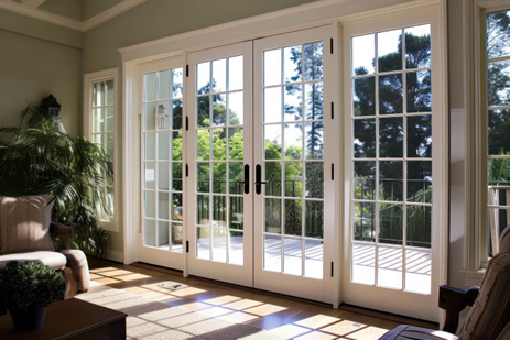 White French doors open to a sunny deck with lush greenery. Interior has wood floors and comfortable seating.