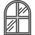 Window with arched top and grid, gray outline and glass.