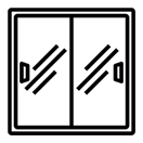 Sliding glass door, outlined in black, with two diagonal angled bars on each panel and handle.