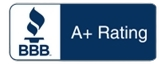 BBB A+ rating logo: white and blue, flame icon, 