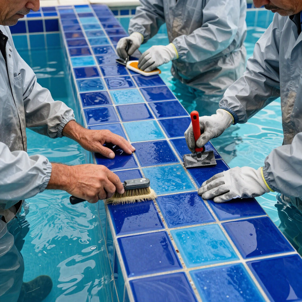 Pool workers cleaning and regrouting tile 
