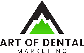 A logo for art of dental marketing with a green mountain in the middle.
