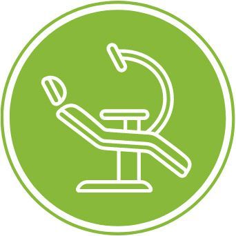 An icon of a dental chair with a microscope in a green circle.