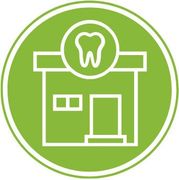 An icon of a dental office with a tooth on the top of it.