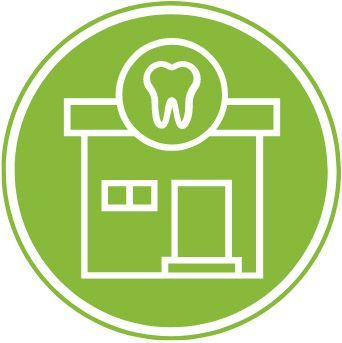 An icon of a dental office with a tooth on the top of it.