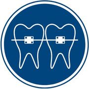 Two teeth with braces on them in a blue circle.