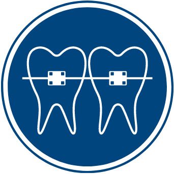 Two teeth with braces on them in a blue circle.