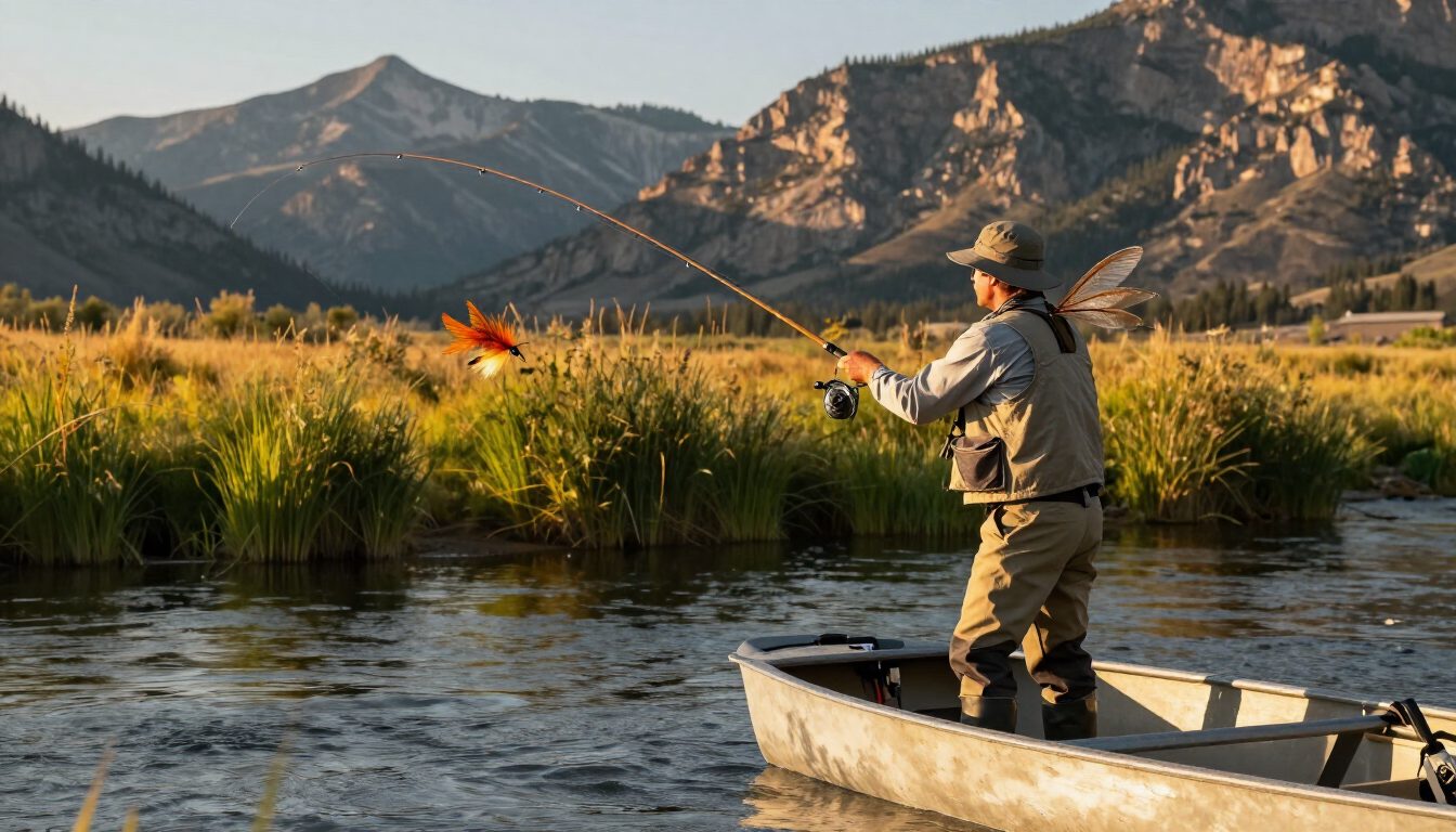 Fly fishing for terrestrials from a drift boat in Montana.