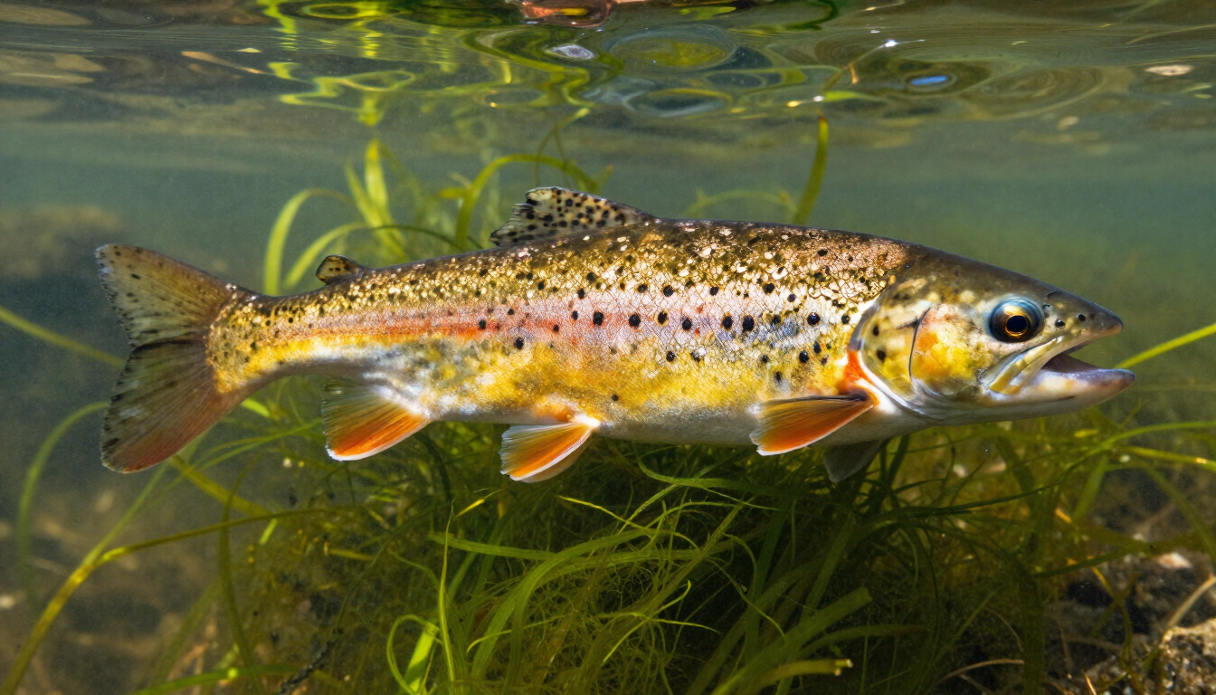 photorealistic close up of a wild brown trout in very clear water with green aquatic weeds visible