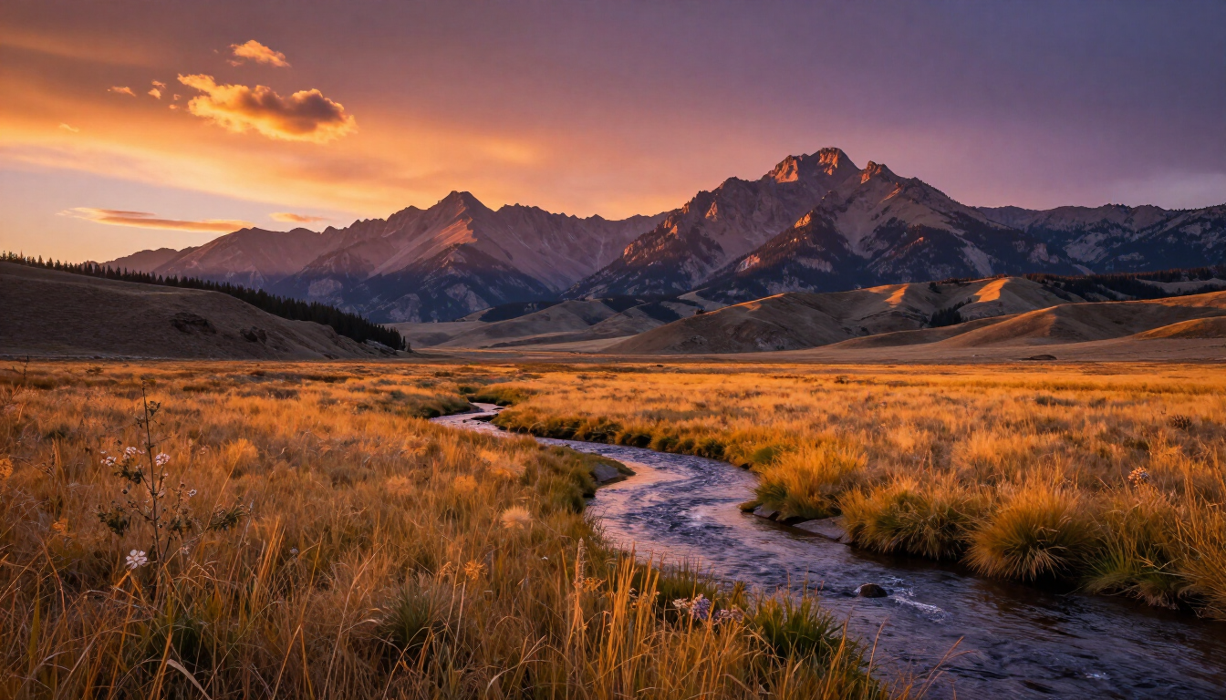 photorealistic montana valley landscape with a small creek and mountain range sunset
