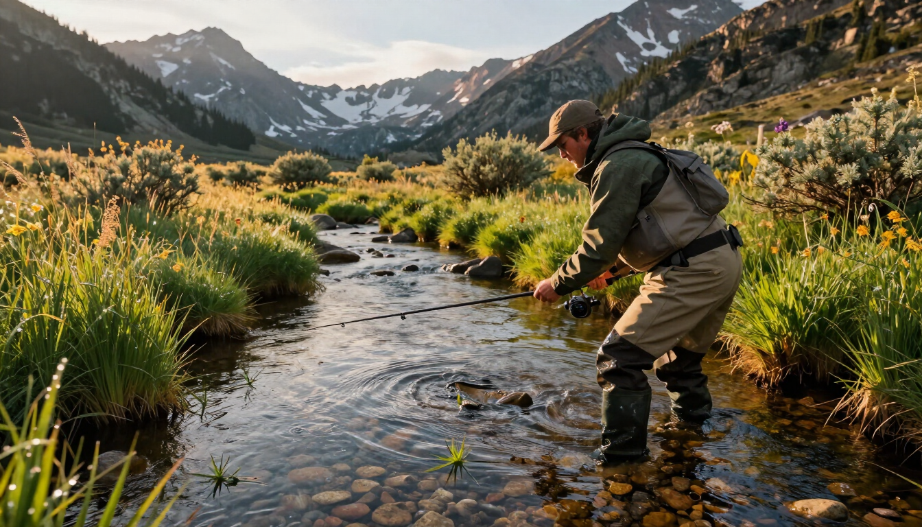 photorealistic angler stalking a clear montana spring creek during late summer sun low in the sky long shadows mountains in background