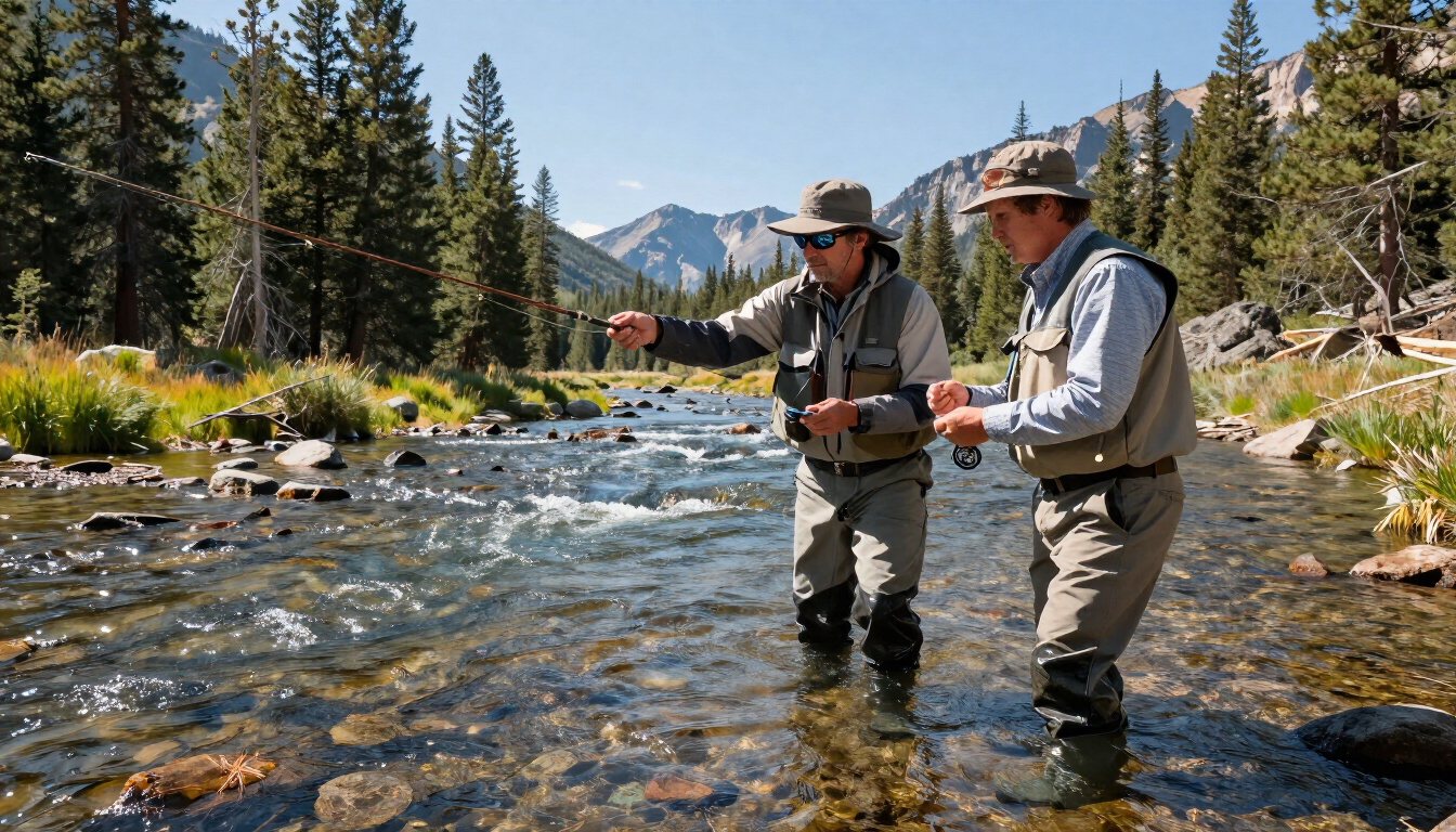 A guide and angler fly fishing in a scenic Yellowstone river.