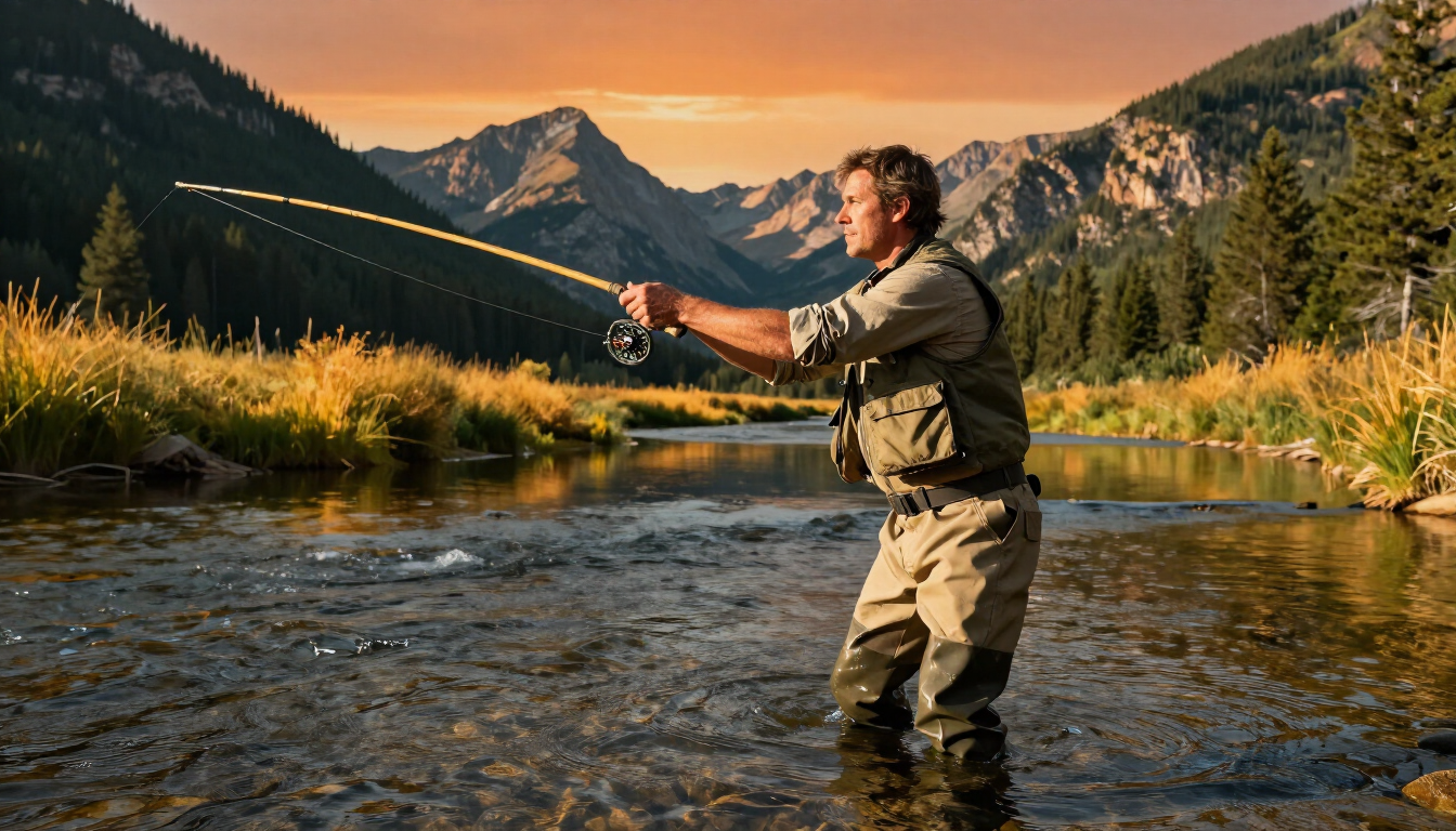 A fly fisherman casts into a sparkling Montana river during the golden hour of late summer
