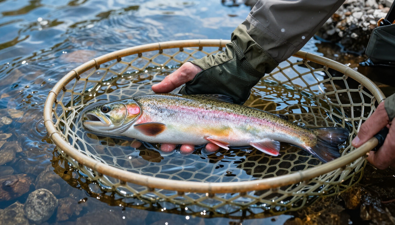 A close-up of a Montana fly fishing guide holding a wild trout in a net in clear river water