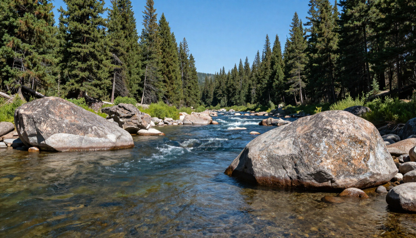 Scenic view of the Boulder River in Montana during July showing pocket water and granite boulders.