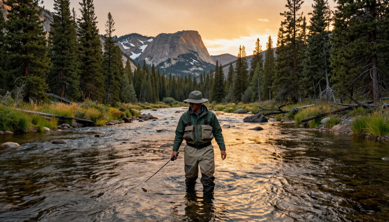 A fly fisherman wading in a Yellowstone river at sunset.